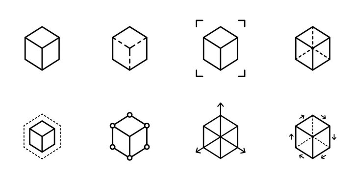 Set of 3D cube manipulation icons illustrating transformation and spatial adjustment with manipulation transformation geometry isometric adjustment interface development modeling