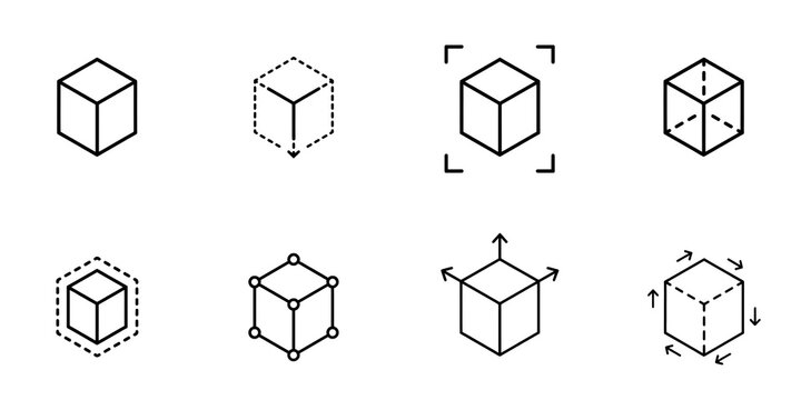 Set of 3D cube manipulation icons demonstrating spatial resizing and movement with manipulation transformation geometry isometric adjustment interface development modeling