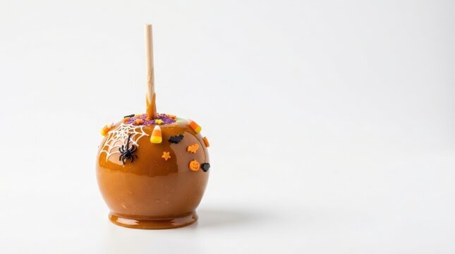 Halloween Caramel Apple with Spiderweb and Pumpkin Sprinkles with Copy Space