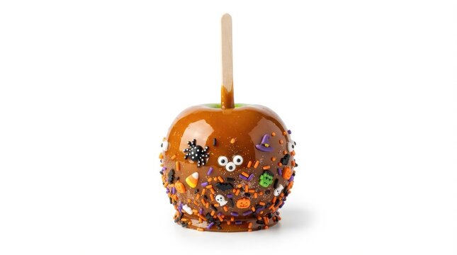 Gourmet Caramel Apple Decorated with Halloween Sprinkles on White Background with Copy Space