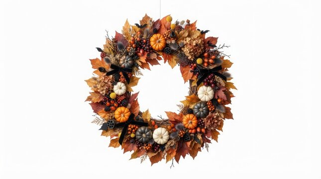 Autumn Wreath with Pumpkins Leaves and Berries on White Background