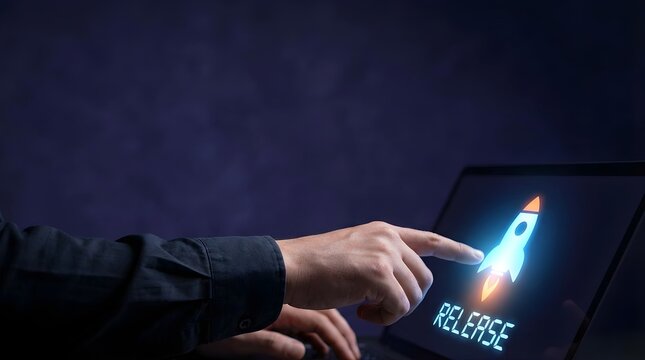Business professional launching new digital product release using laptop computer screen interface technology concept