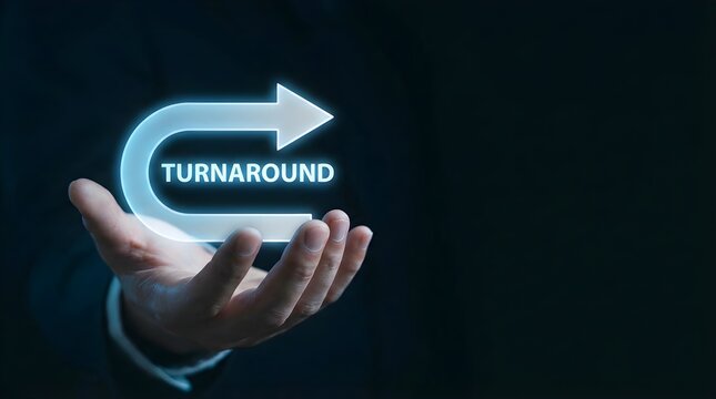 Business professional presenting digital turnaround strategy concept with glowing arrow icon floating above open palm