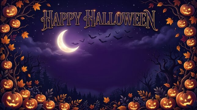 Spooky Happy Halloween Banner with Crescent Moon and Forest Silhouette
