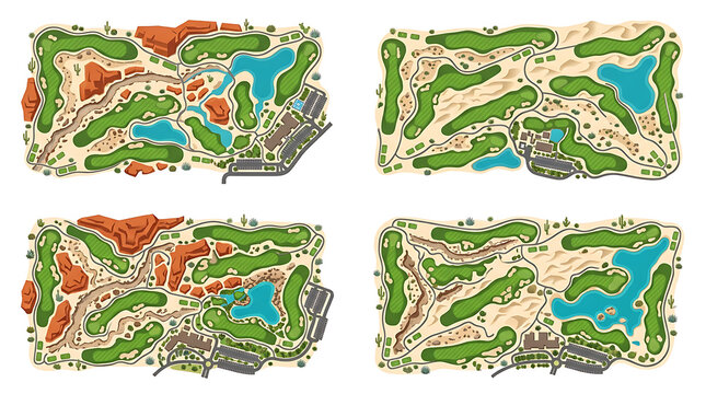 Four distinct golf course map illustrations showing layouts with greens, sand traps, water features, and terrain variety