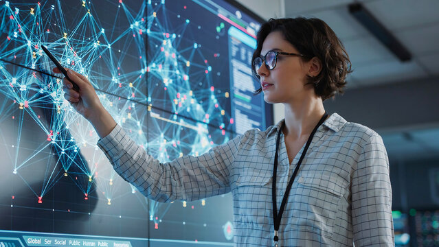 Focused female data analyst using a digital pointer on a large screen displaying complex networks in a dark modern office