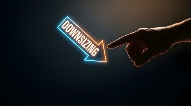 Human finger touching glowing downsizing arrow symbol representing corporate restructuring strategy