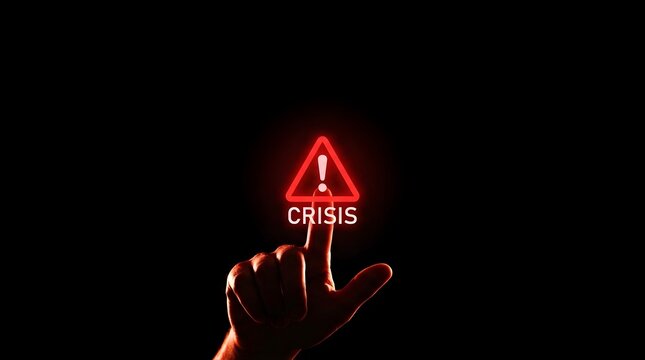 Human finger touching glowing red crisis alert symbol against dark minimalist business background concept