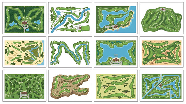 Set of twelve stylized aerial view landscape maps for gaming and design featuring golf courses parks rivers and various natural terrains