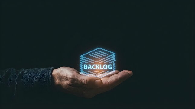 Professional hand holding glowing digital backlog icon for agile project management solutions