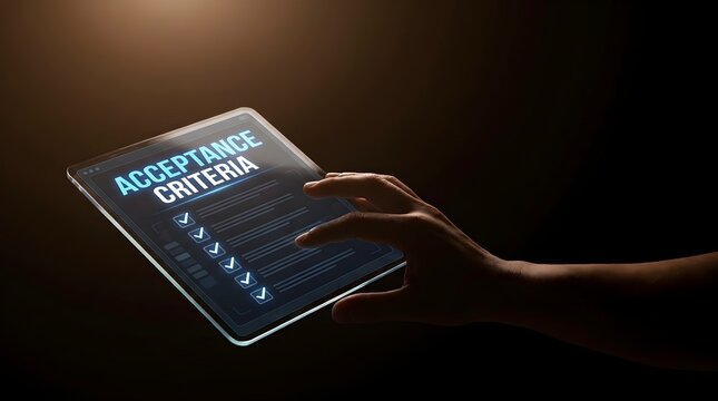 Professional hand reviewing digital checklist displaying acceptance criteria on sleek modern transparent tablet screen