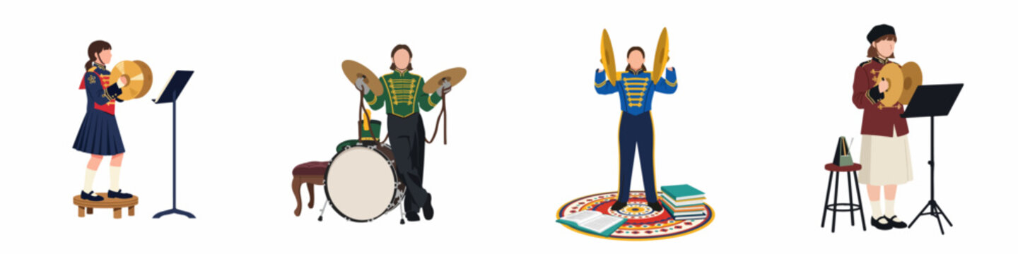 Flat vector illustration set of young musicians in colorful marching band uniforms playing cymbals and percussion instruments isolated on a white background.