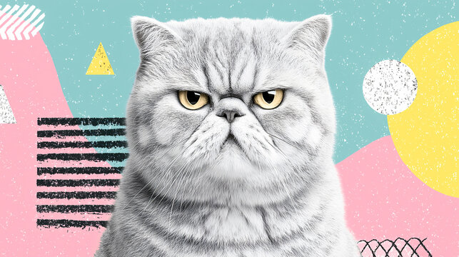 Grumpy British Shorthair cat with exaggerated annoyed face and squinted eyes is set against colorful abstract background with geometric shapes