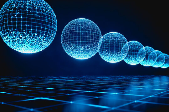 3D rendering of glowing wireframe spheres arranged in a sequence over a digital grid, representing network connection and data technology.