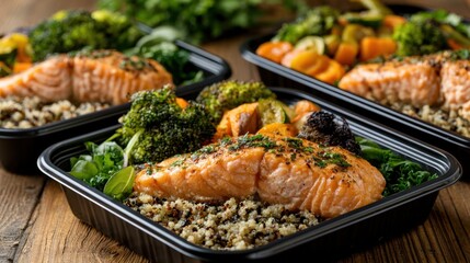 Obraz premium Healthy meal prep containers with grilled salmon fillet fresh broccoli roasted sweet potato bed of quinoa and leafy greens for nutritious lunch or dinner option