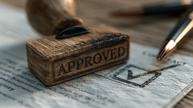 Wooden stamp marked with the word approved rests on a document beside a checkmark.