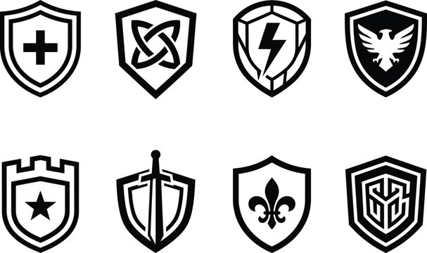 Collection of black shield emblems with various symbols and heraldic designs on a white background