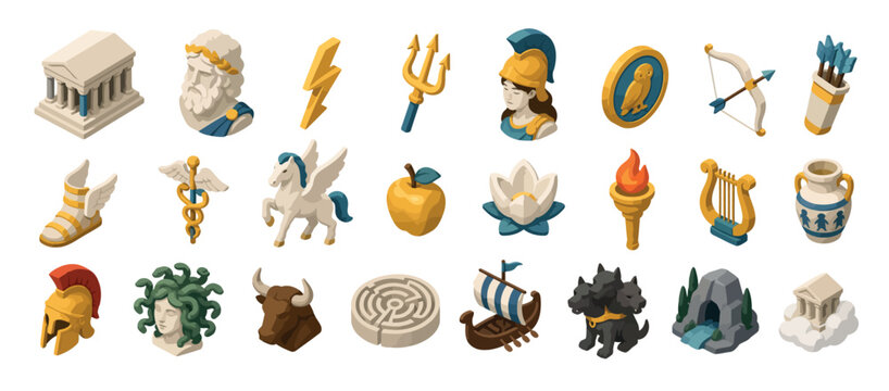 Colorful Ancient Greek Mythology Icons Collection.