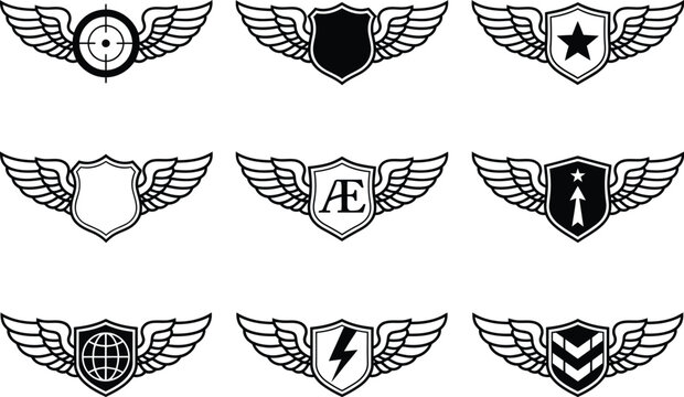 Collection of black and white winged shield emblems with various symbols on a transparent background