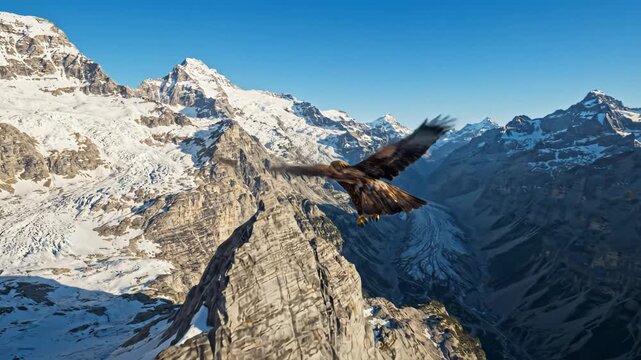 Golden Eagle Soaring Over Snow-Capped Alps Peaks in Slow Motion