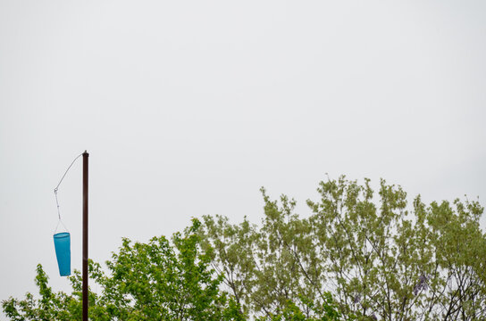 Minimalist landscape view of a drooping blue windsock on a pole against lush green trees and an overcast sky