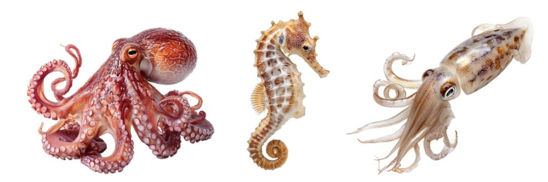 Ocean sea creatures octopus seahorse and squid set isolated on transparent background. PNG. Generated AI