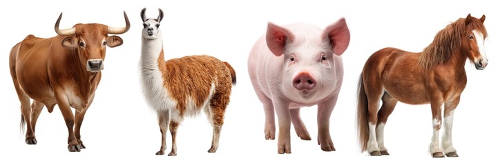 Fototapeta premium Farm domestic animals bull llama pig and horse set isolated on transparent background. PNG. Generated AI