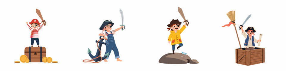 Set of four cute cartoon illustrations depicting children playing as pirates with treasure chests, anchors, and swords on a white background.