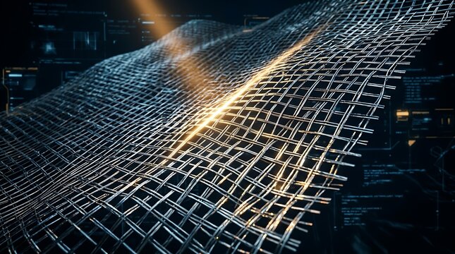Futuristic glowing grid network over a dark background suggesting digital connectivity and data flow.