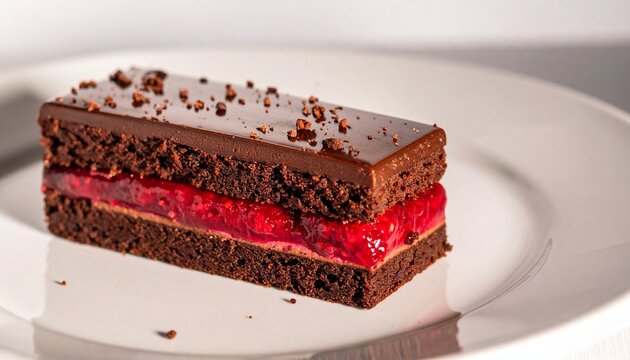 Layered chocolate cake slice with glossy ganache and berry filling