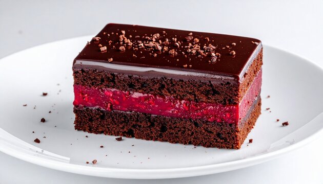 Layered chocolate cake slice with glossy ganache and berry filling