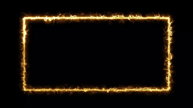 Fire neon light rectangle frame loop animated background golden color neon square frame overlay line animation. glowing neon square rectangle picture frame icon video 4k,