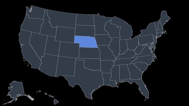 Nebraska Flashing Blue on US Election Map Animation Alpha 4K
