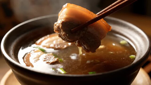 Hot soup in a bowl with chopsticks close-up, steaming hot braised broth