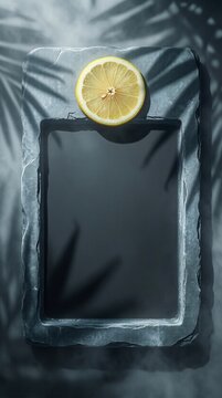 Modern black slate frame with lemon slice and palm leaf shadows