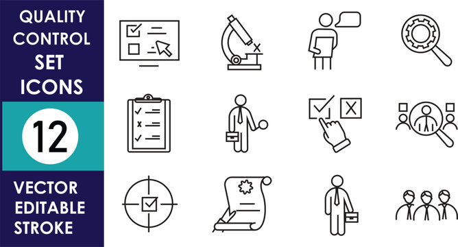 Minimal quality control icon set featuring inspection, checklist, microscope, target, verification, magnifier, worker, document, and process symbols in editable vector outline style.