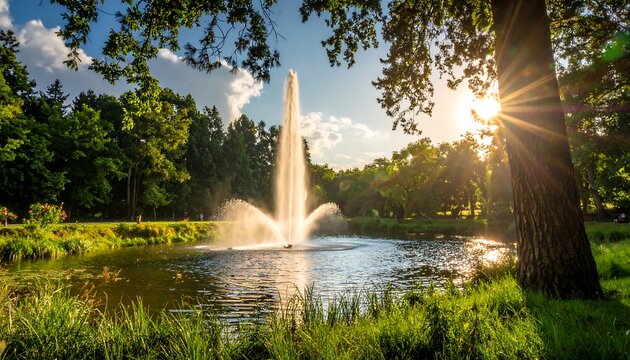 Sunny landscape showcasing a tall water fountain in a pond