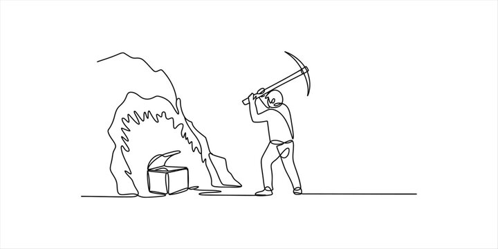Continuous single line drawing of a person mining gold with a pickaxe near a rock cave with a treasure chest inside for business success concept
