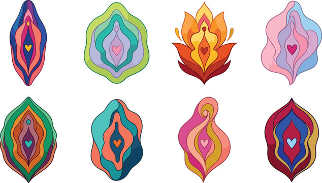 Abstract Vulva and Yoni Vector Icon Set with Colorful Floral Organic Shapes for Feminine Empowerment Branding Designs