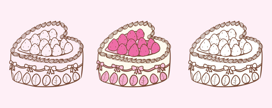 Hand drawn strawberry cake illustrations with color variation set, line art and fill white illustration coloring Birthday cake strawberry lover