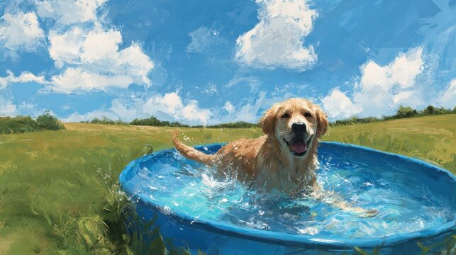 Happy golden retriever splashing in blue paddling pool on sunny summer day, digital art
