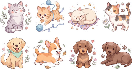 Obraz premium Cute Watercolor Kittens and Puppies Sticker Set with Playful Little Baby Cats and Dogs