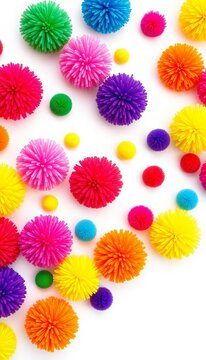 Vibrant pom-poms in bold colors against a crisp white background, Dynamic, Playful