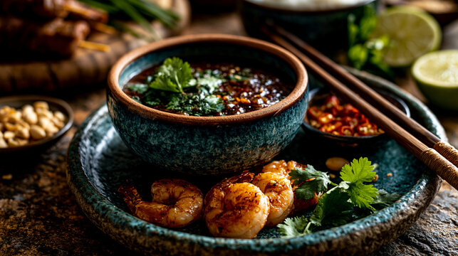 Fried shrimp dish with spicy dipping sauce and lime on dark stone plate