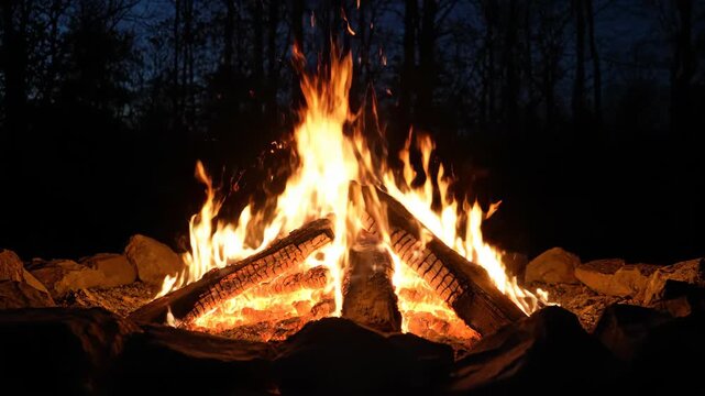 Outdoor bonfire burning materials, night bonfire burning scenes