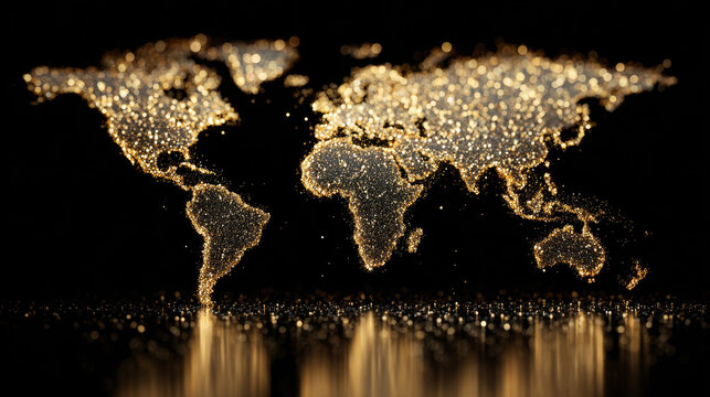 Golden Glitter World Map with Shimmering Reflection