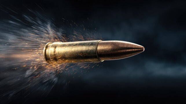 Photorealistic CGI bullet flying through dark smoky air with sparks