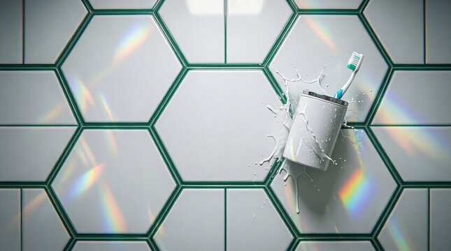 Toothbrush holder splash on white hexagon tiles with rainbow prism