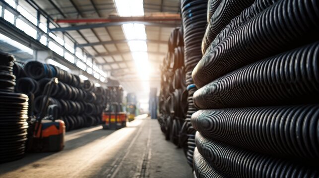 Large warehouse interior storing stacked corrugated black plastic drainage pipes