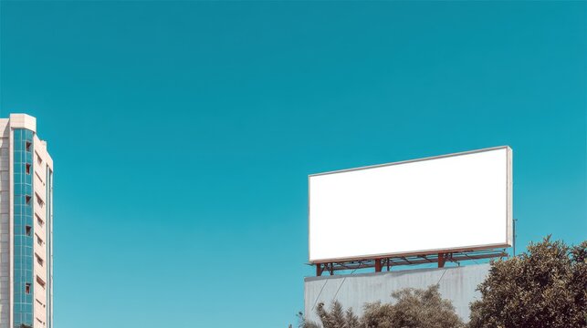 Blank white billboard against clear teal sky in urban cityscape setting